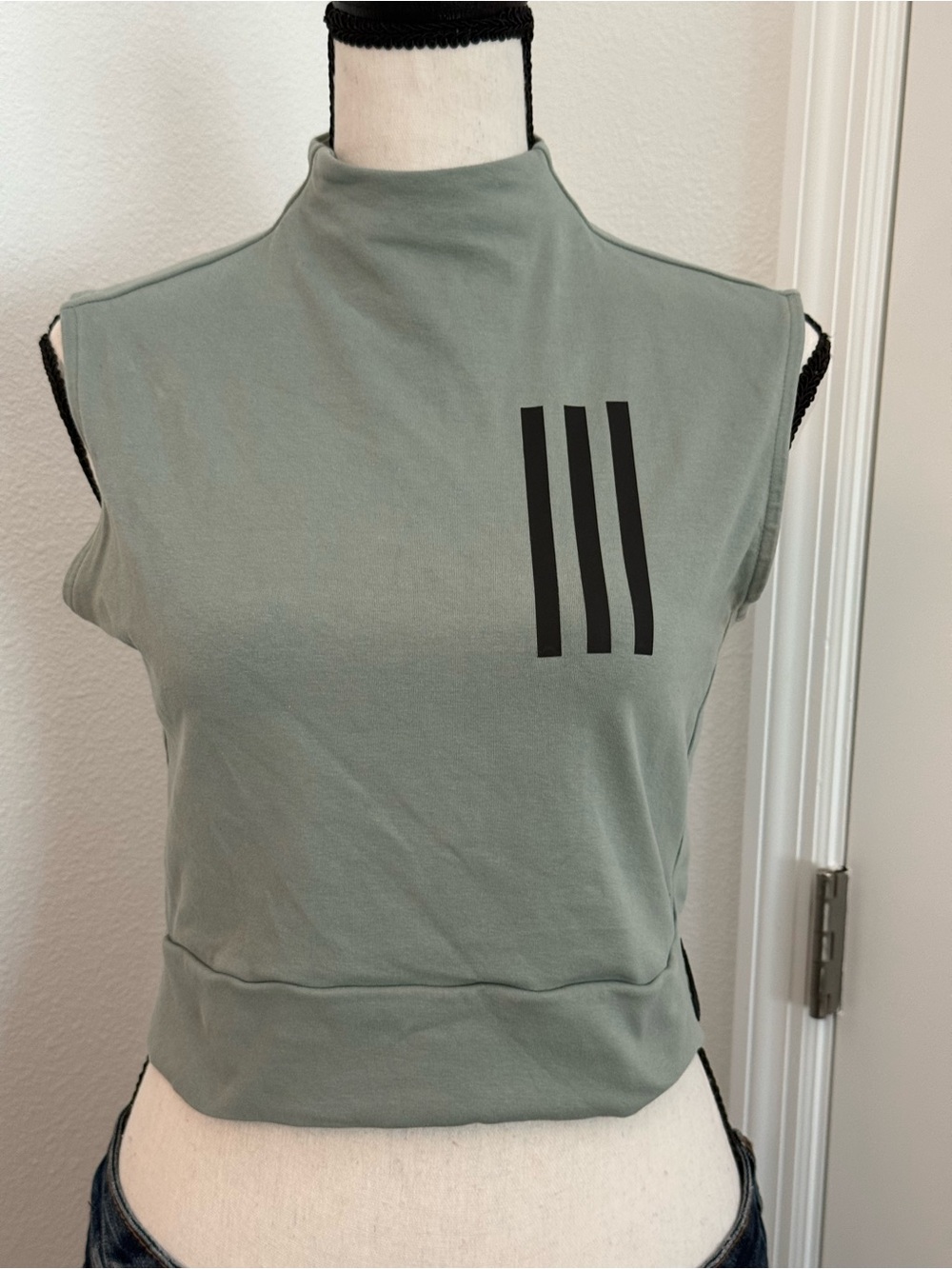 adidas Sleeveless Mock Neck Crop Top in Sage Green with Black Stripes